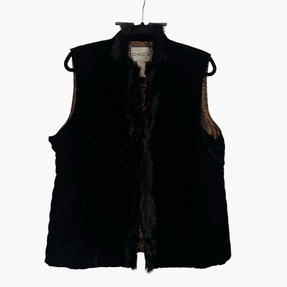 Chico's Black Quilted Vest with Rabbit Fur Trim - Picture 6 of 8